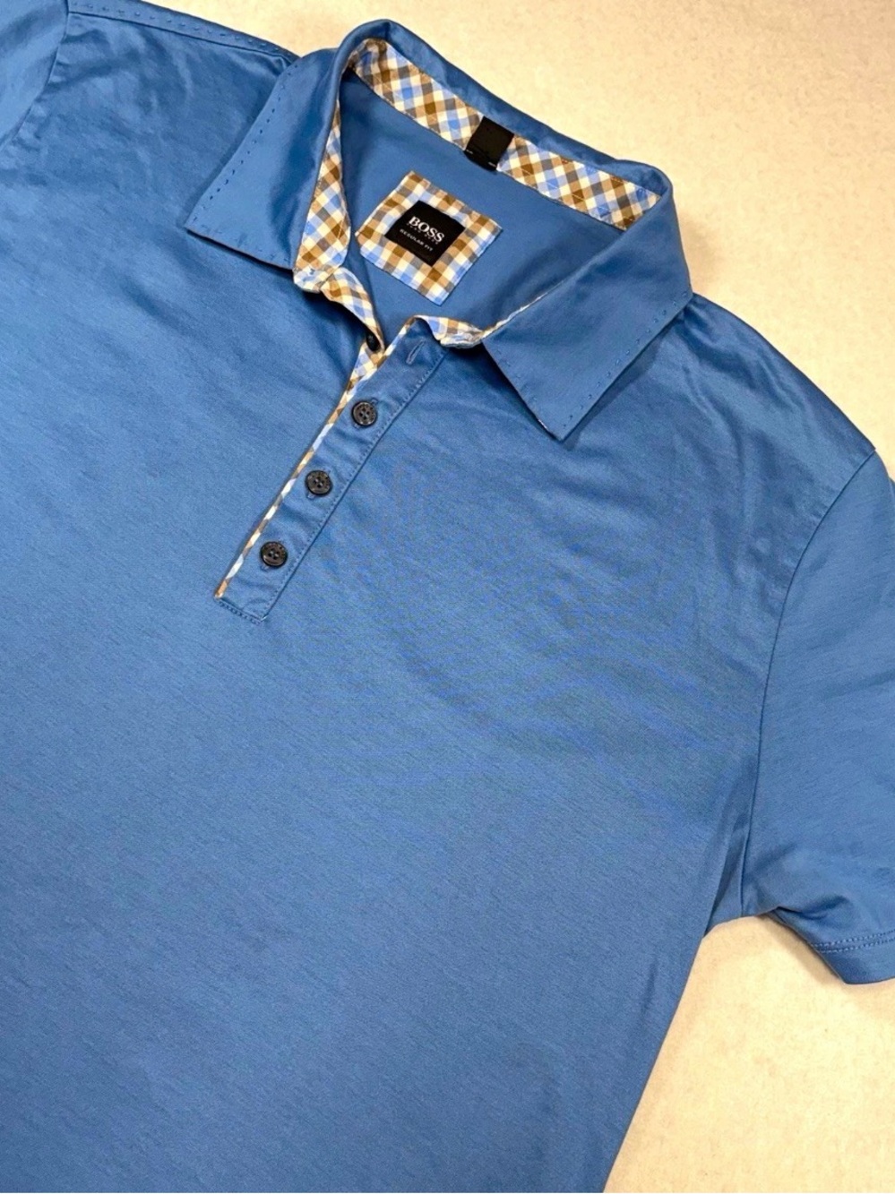 Boss Light Blue Short-Sleeve Polo with Plaid Trim